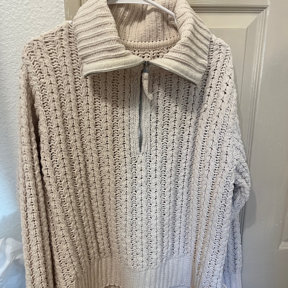 Aerie Chunky Chenille Cable Knit Quarter Zip Sweater Cream XS - Picture 5 of 7